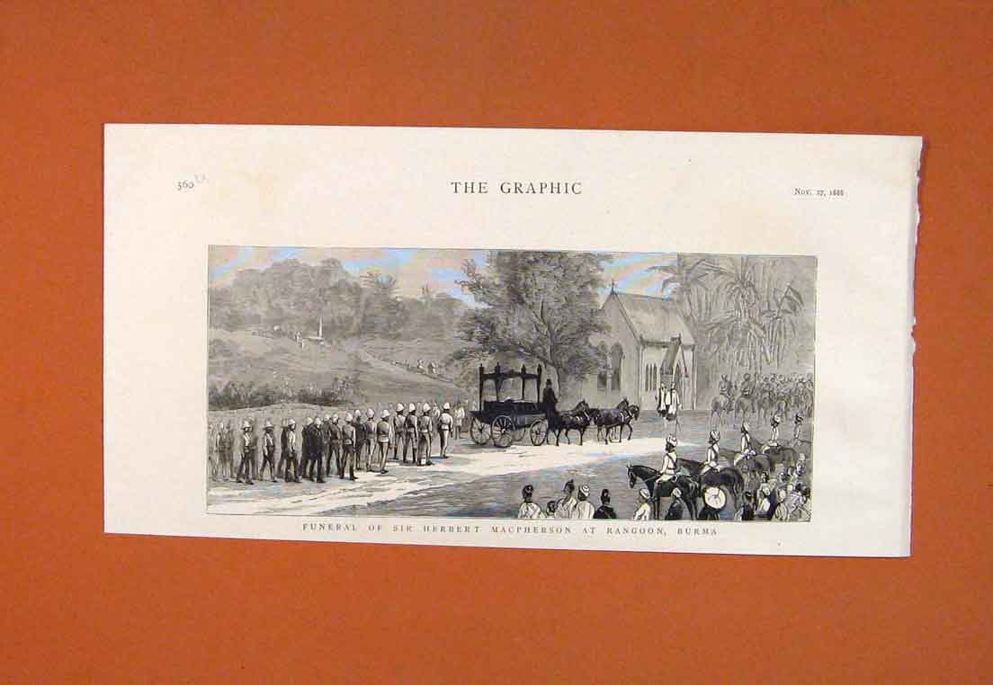 Original Old Antique Print Funeral Herbert Macpherson Rangoon Burma 1887 19th