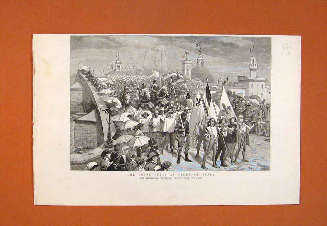 Original Old Antique Print Royal Fete Florence Italy Procession Arno 1887 19th