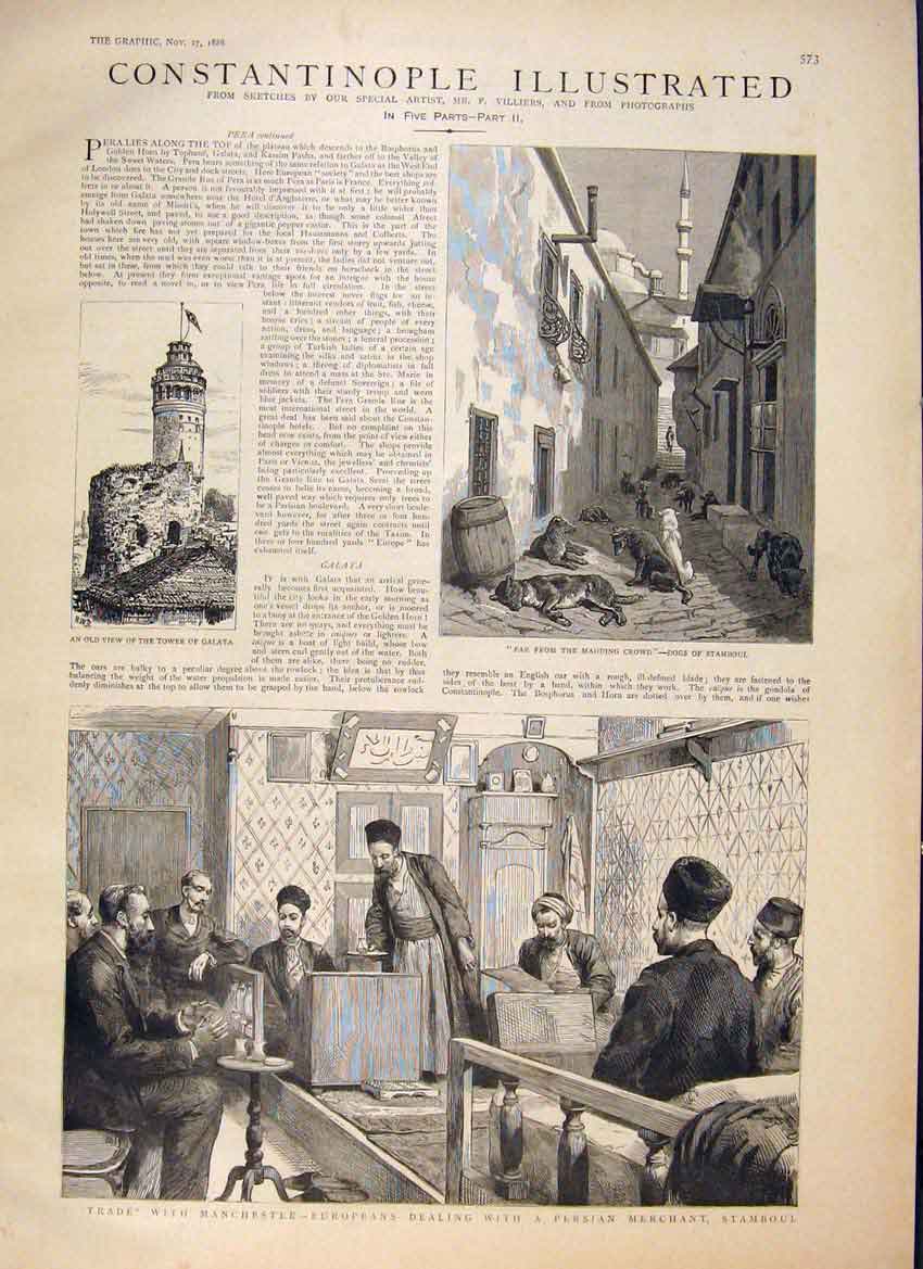 Original Old Antique Print Constantinople Sketches Stamboul Galata Pera 1887