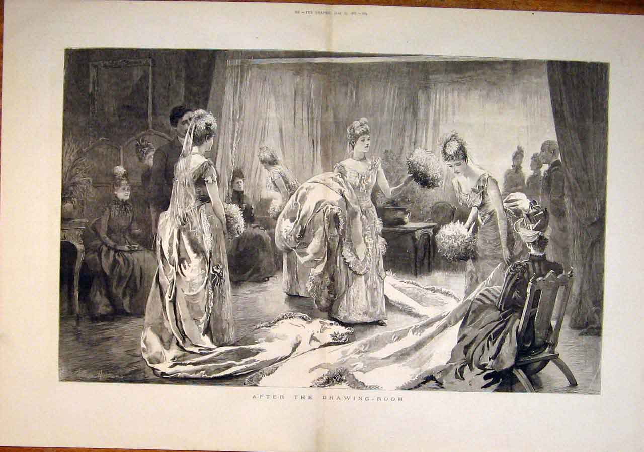 Original Old Antique Print Hopkins Ladies Drawing Room Dresses Fine Art 1887