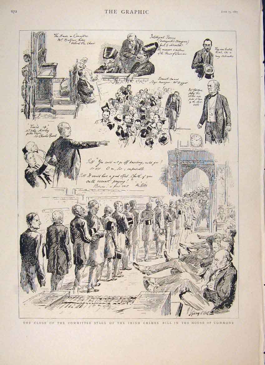 Old Antique Print Irish Crimes Bill House Commons Committee Members 1887 19th