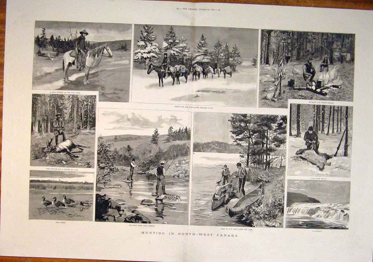 Original Old Antique Print Hunting North West Canada Fishing Geese Cowboy 1887
