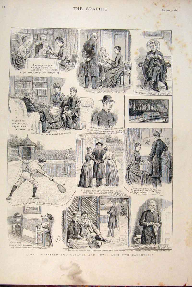 Original Old Antique Print Two Curates Daughters Sketches Story 1891 Victorian