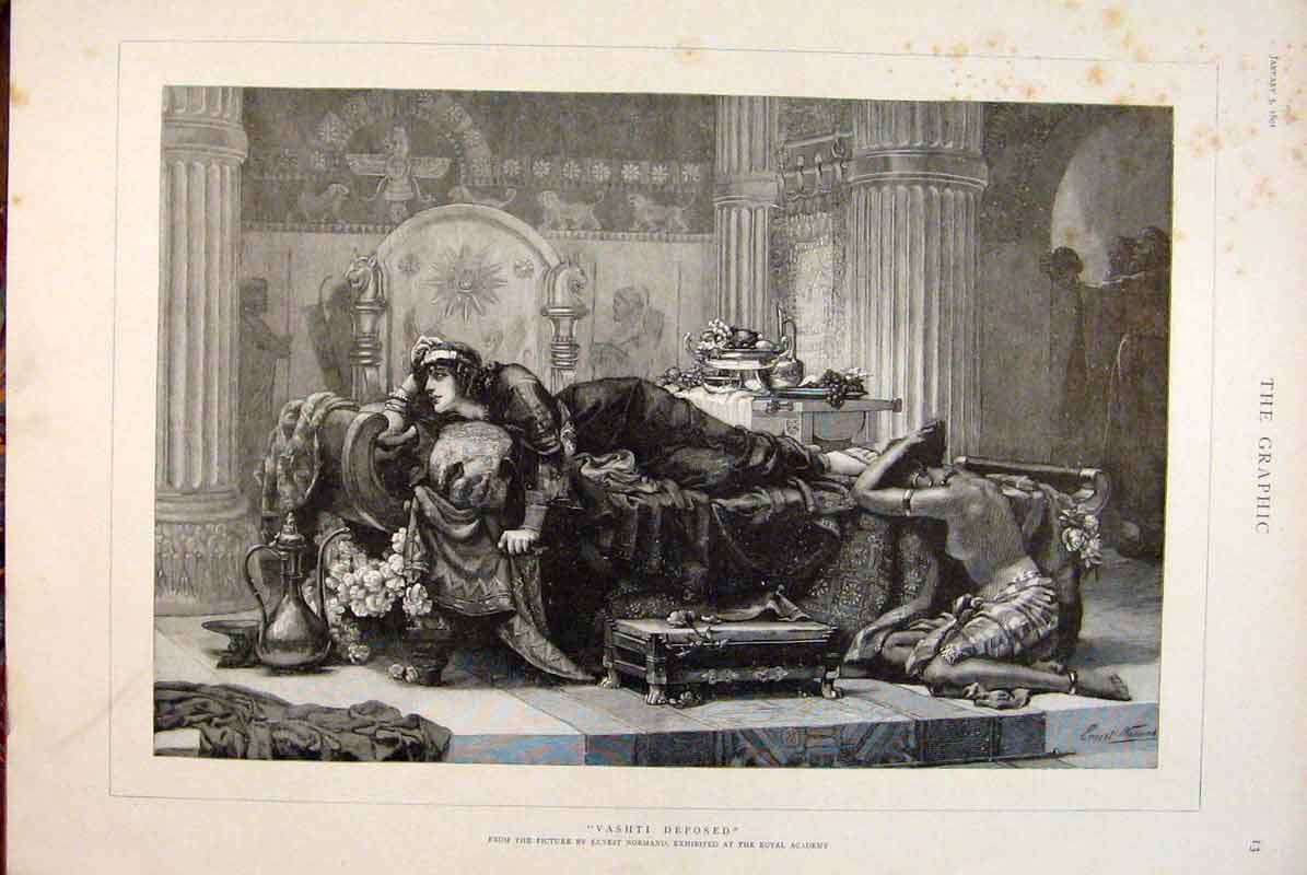 Original Old Antique Print Vashti Deposed Normand Royal Academy Fine Art 1891