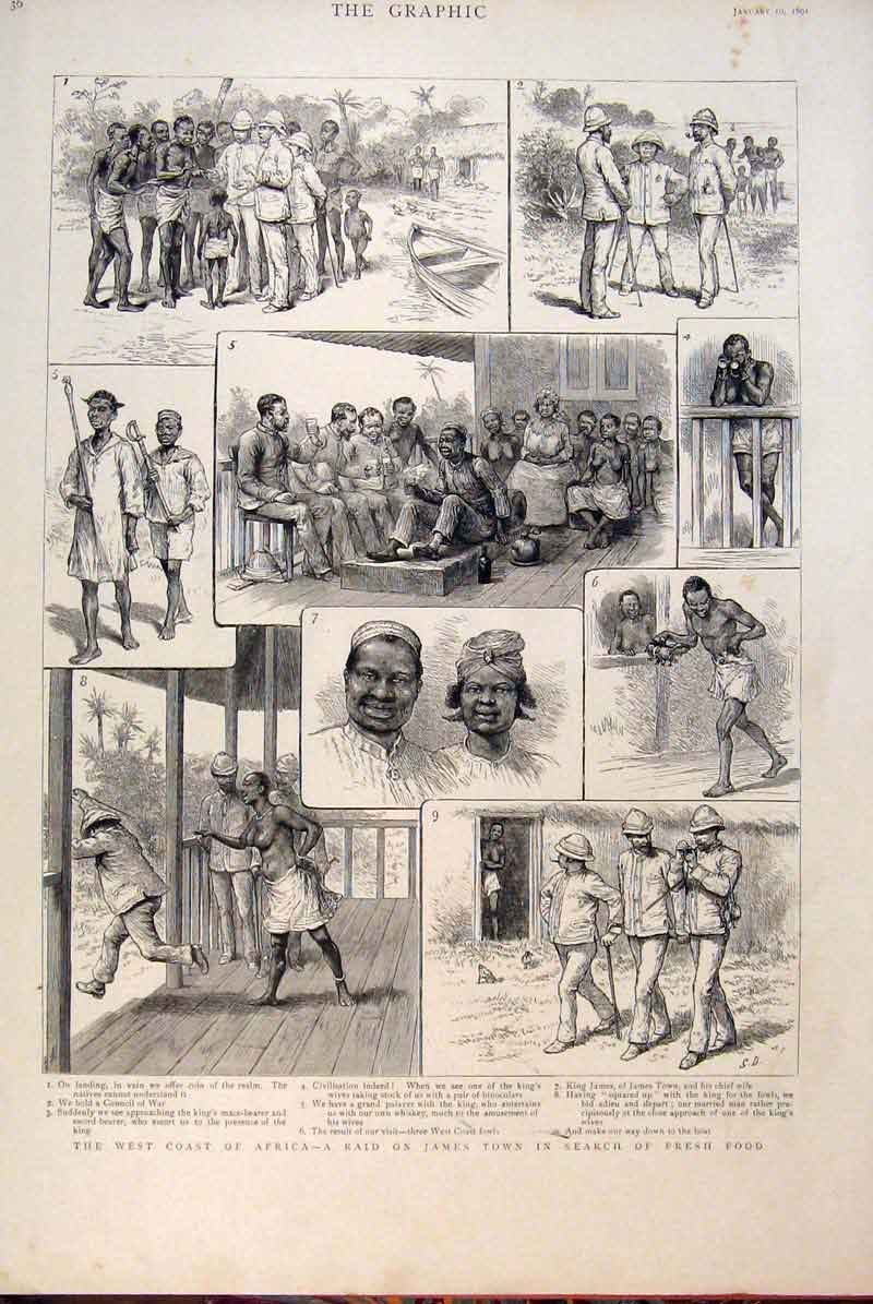 Original Old Antique Print West Coast Africa James Town Food 1891 19th