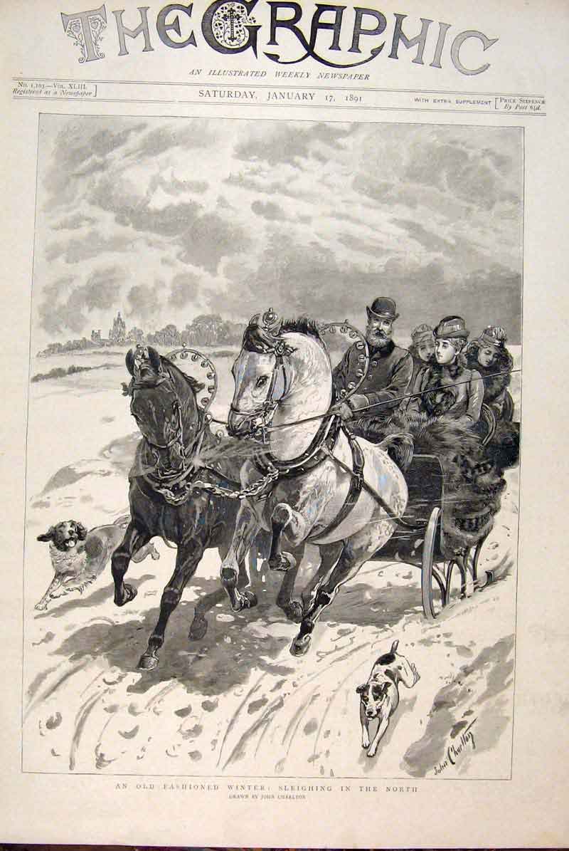Original Old Antique Print Sleighing Winter Charlton Horse Sleigh Dog 1891 19th