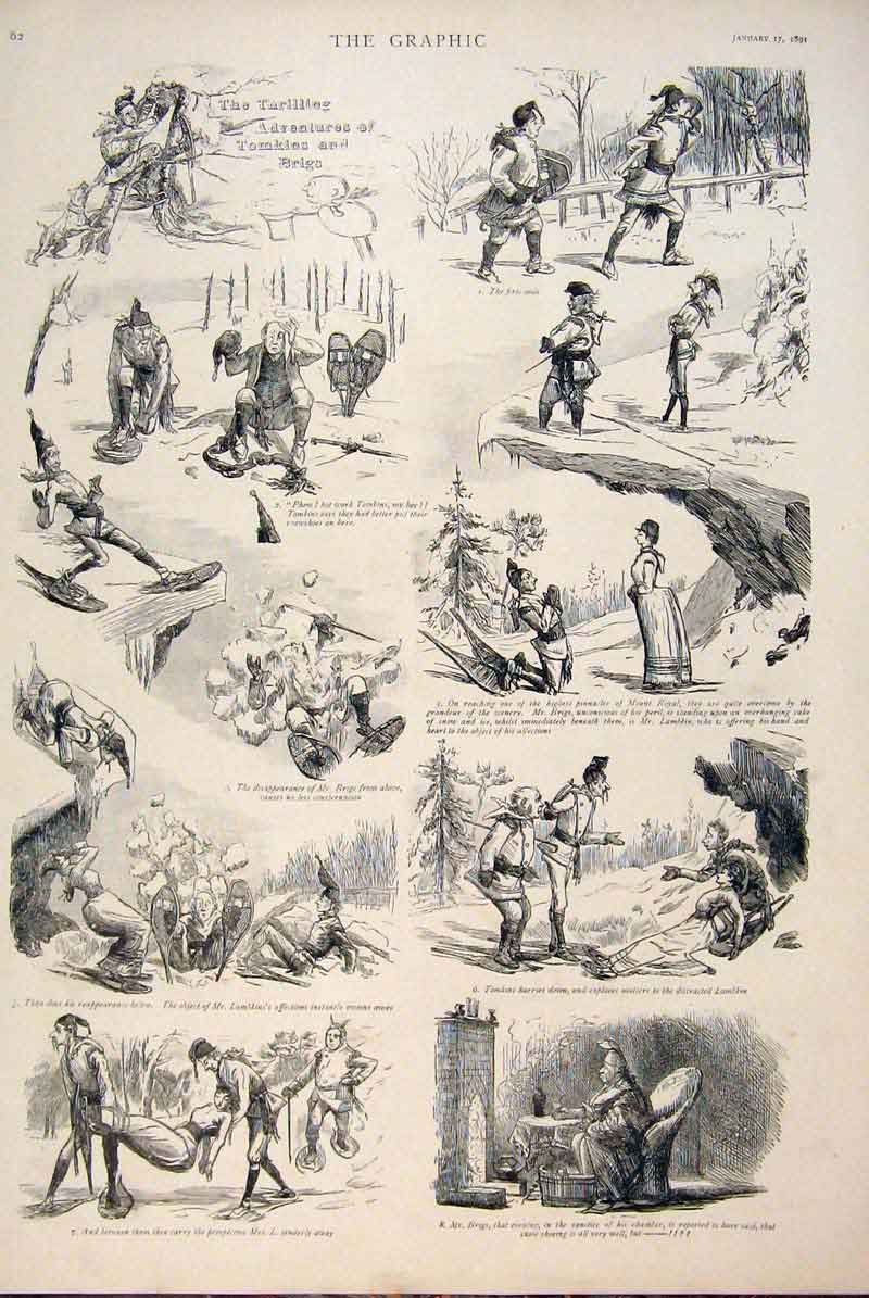 Original Old Antique Print Tomkins Brigs Sketches Adventures Story 1891 19th