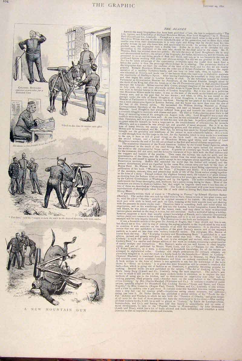 Original Old Antique Print Sketches New Mountain Gun Donkey 1891 19th