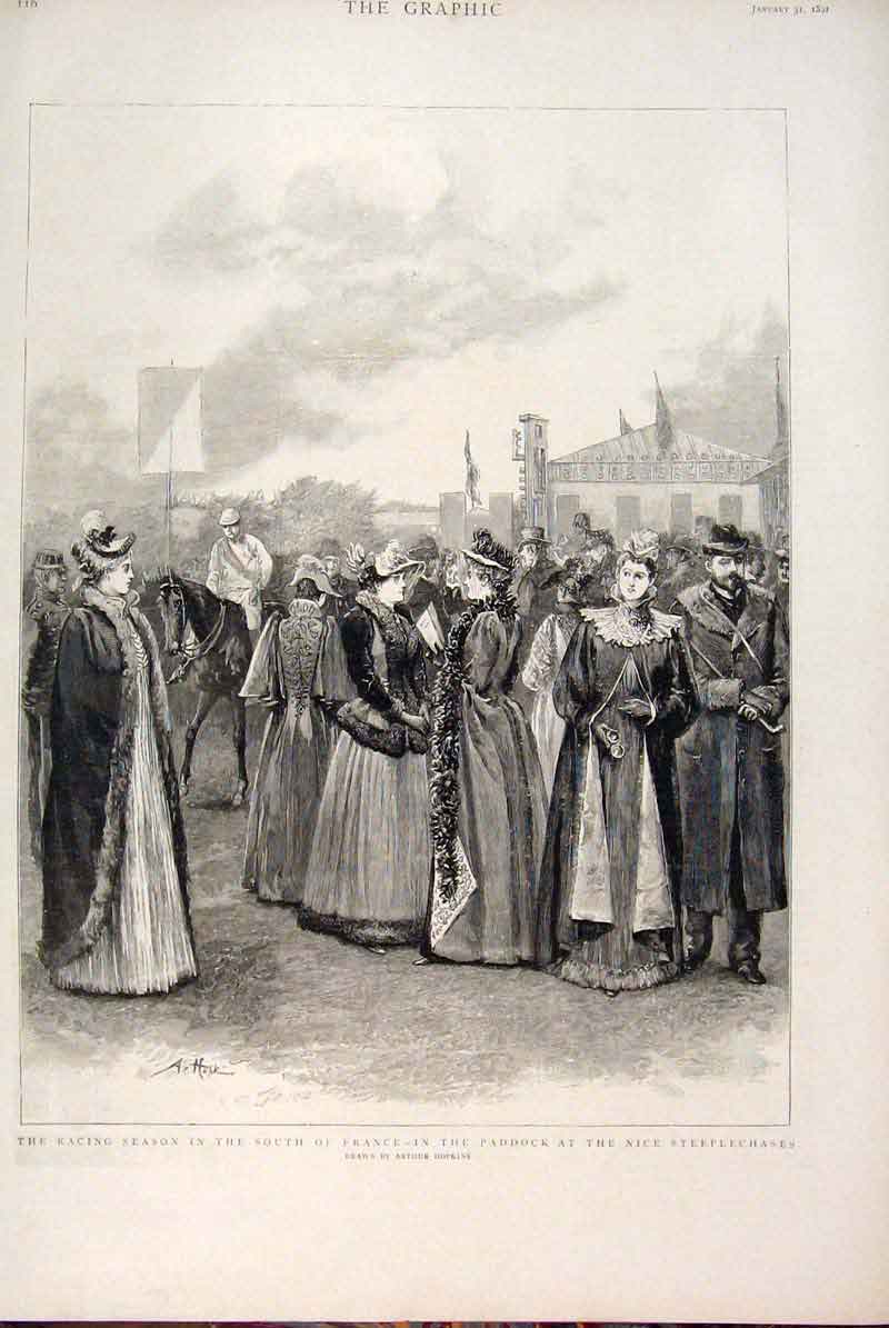 Original Old Antique Print Racing Season France Nice Steeplechase Hopkins 1891