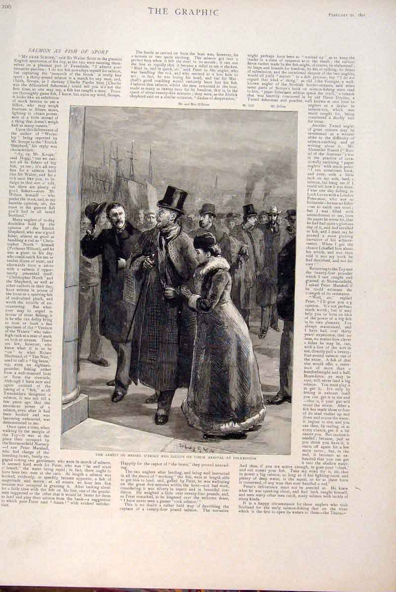 Original Old Antique Print Arrest O'Brien Dillon Folkestone Ireland 1891 19th