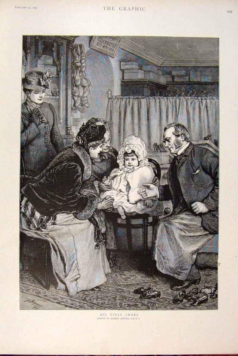Original Old Antique Print First Shoes Barnes Baby Family Mother Fine Art 1891