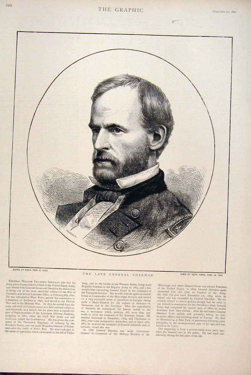 Original Old Antique Print Portrait General Sherman Ohio 1891 America Victorian