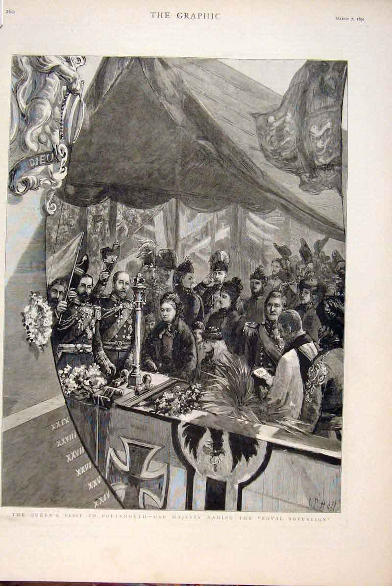 Old Antique Print Queen Visit Portsmouth Royal Sovereign Ship Arthur Hms