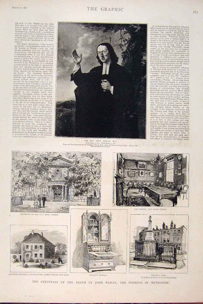 Original Old Antique Print Portrait Wesley Hone Centenary Methodist Lincolnshire