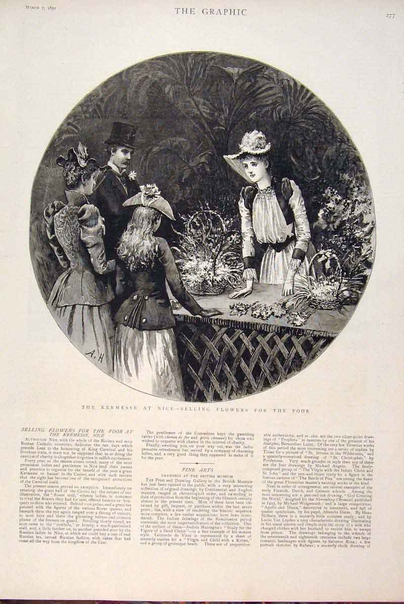 Original Old Antique Print Kermesse Nice France Flower Seller 1891 Victorian