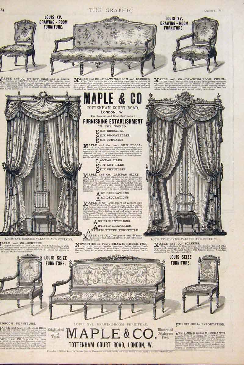 Original Old Antique Print Advert Advertisement Maple Tottenham Furniture 1891