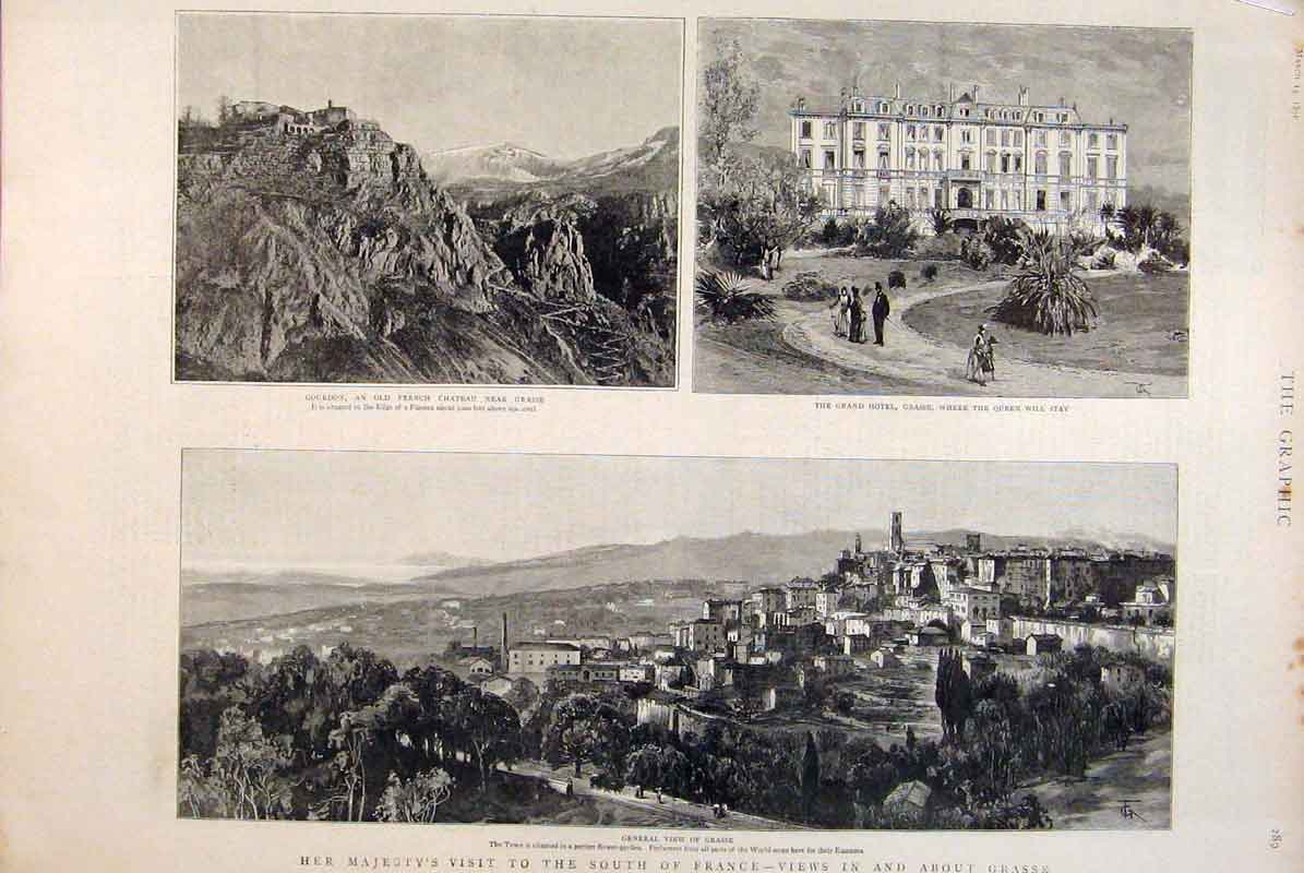 Original Old Antique Print France Grasse Gourdon Hotel Cannes 1891 Victorian