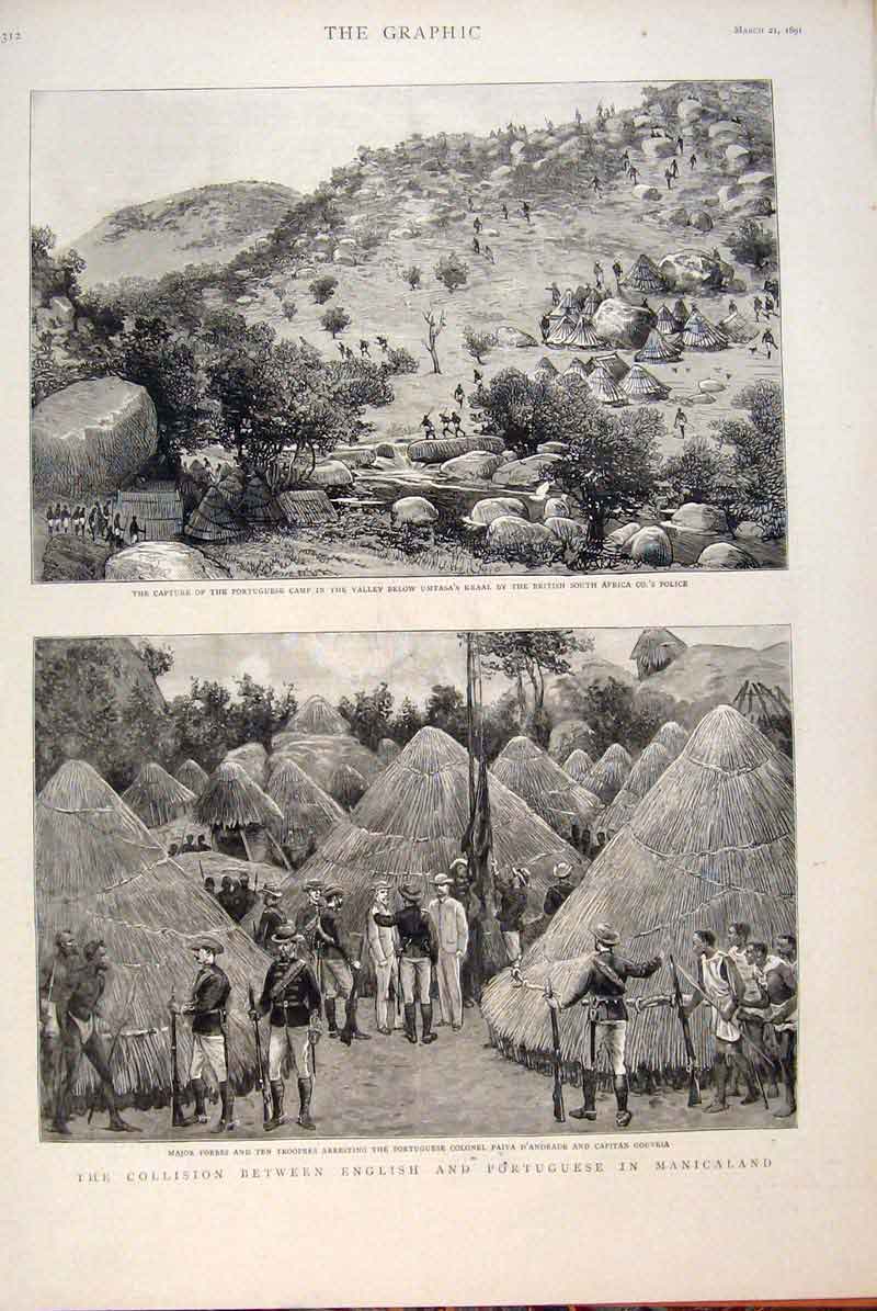 Original Old Antique Print Manicaland Africa Portugese English Troops 1891 19th