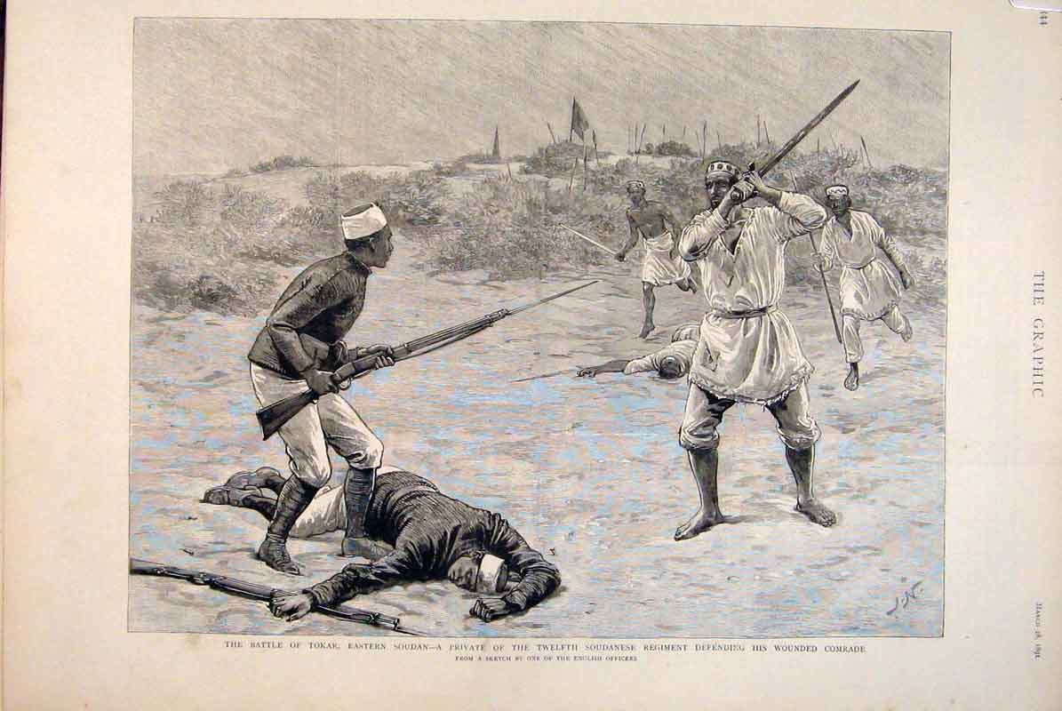 Original Old Antique Print Battle Tokar Soudan Africa Egyptian Troops Dervishes