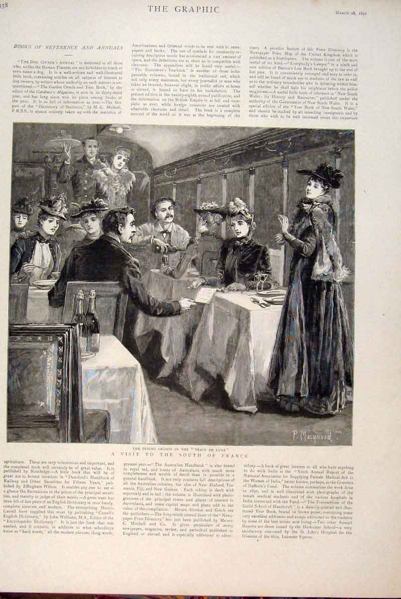 Old Antique Print South France Train De Luxe Dining Saloon Carriage 1891 19th