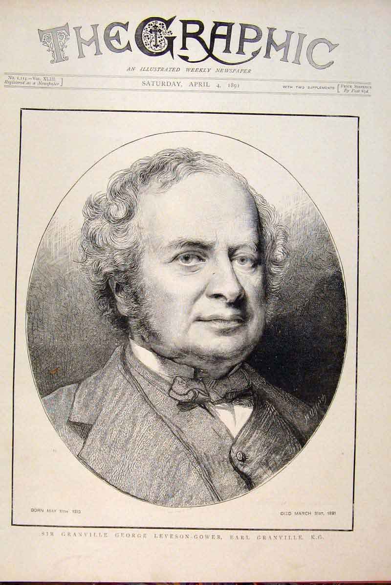 Original Old Antique Print Portrait Leveson-Gower Earl Granville 1891 Victorian