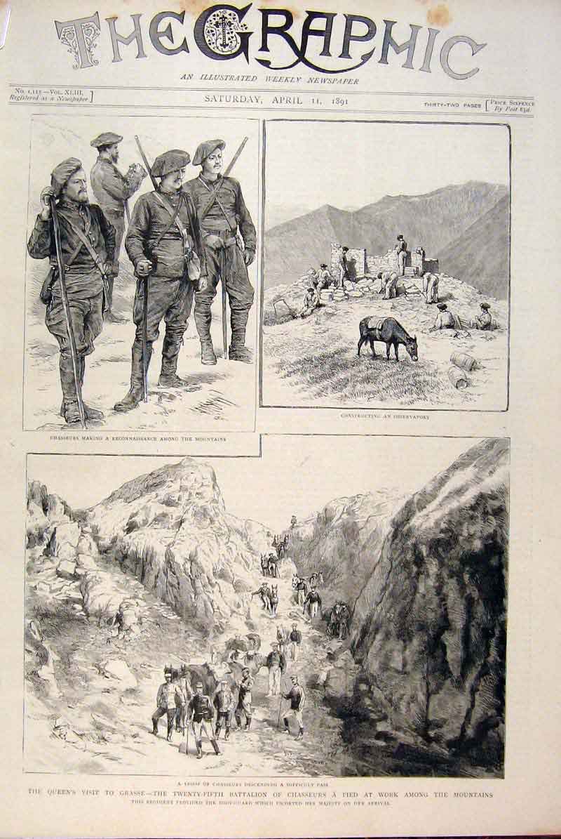 Original Old Antique Print Grasse France Regiment Chasseurs Grand Hotel 1891