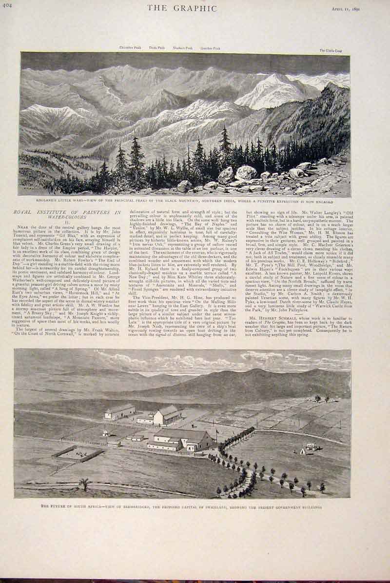 Original Old Antique Print India Black Mountain South Africaswaziland 1891 19th