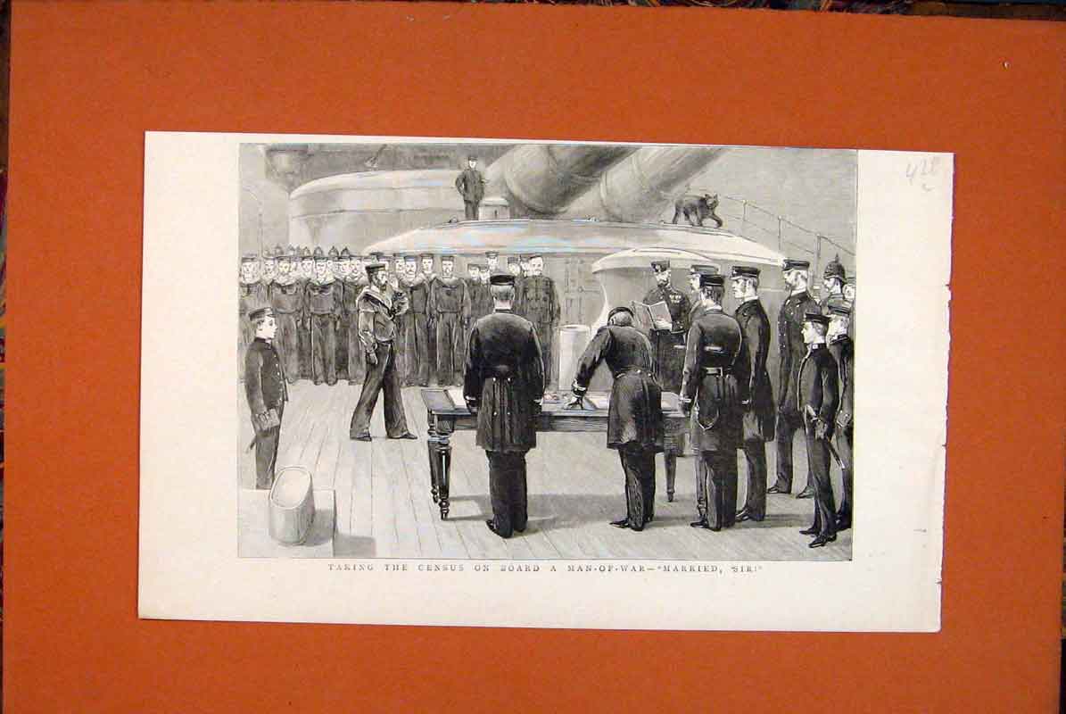 Original Old Antique Print Census Man-Of-War Married Men Sailors Ship 1891 19th