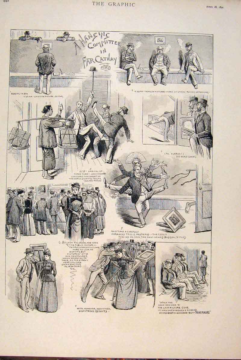 Original Old Antique Print Hanging Committee Cathay Sketches Humour 1891 19th
