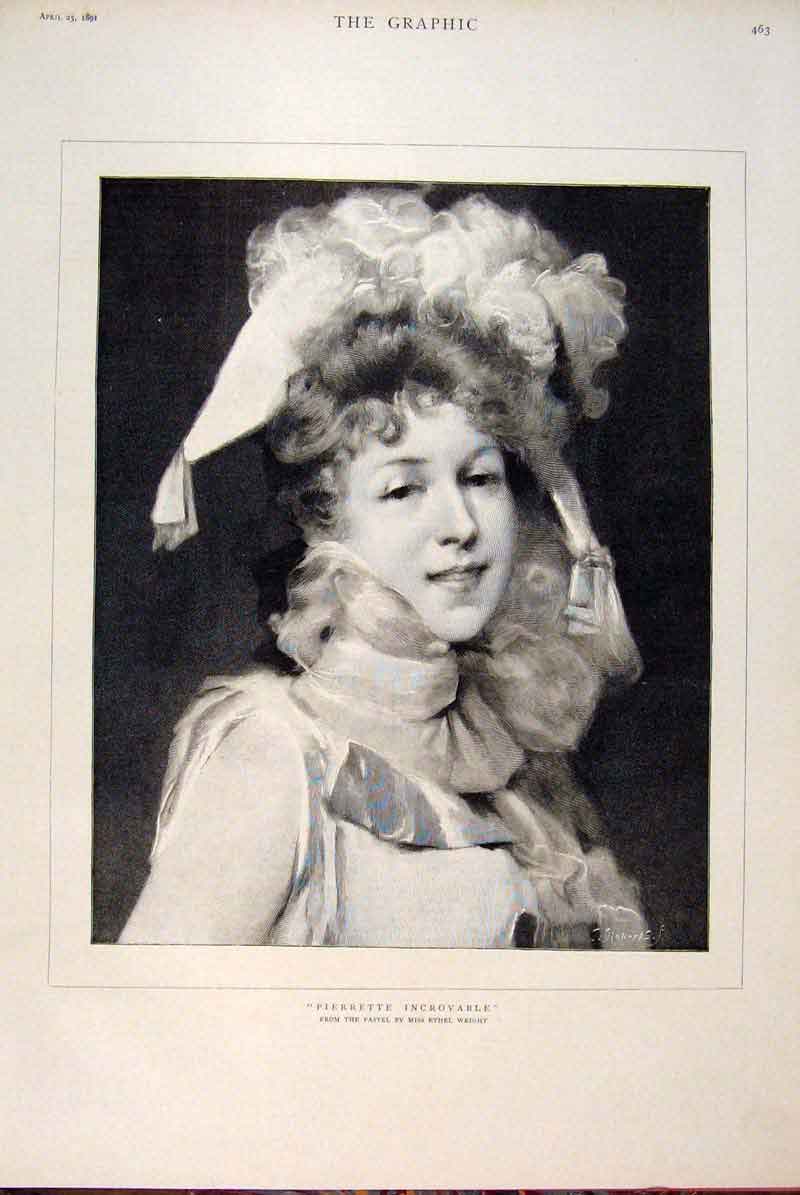 Old Antique Print Portrait Pierette Incroyable Wright Lady Fine Art 1891 19th