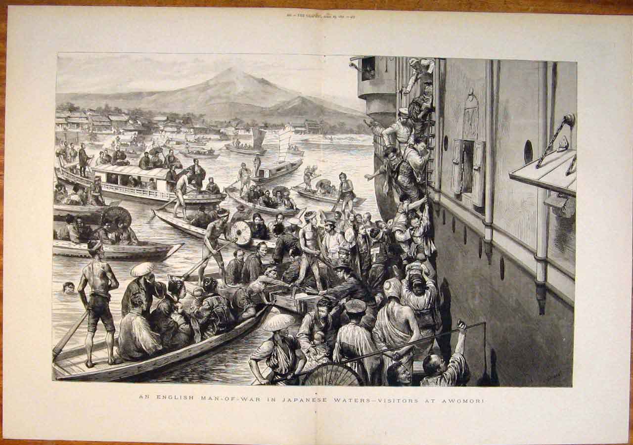 Original Old Antique Print English Man-Of-War Japanese Waters Awomori Ship 1891
