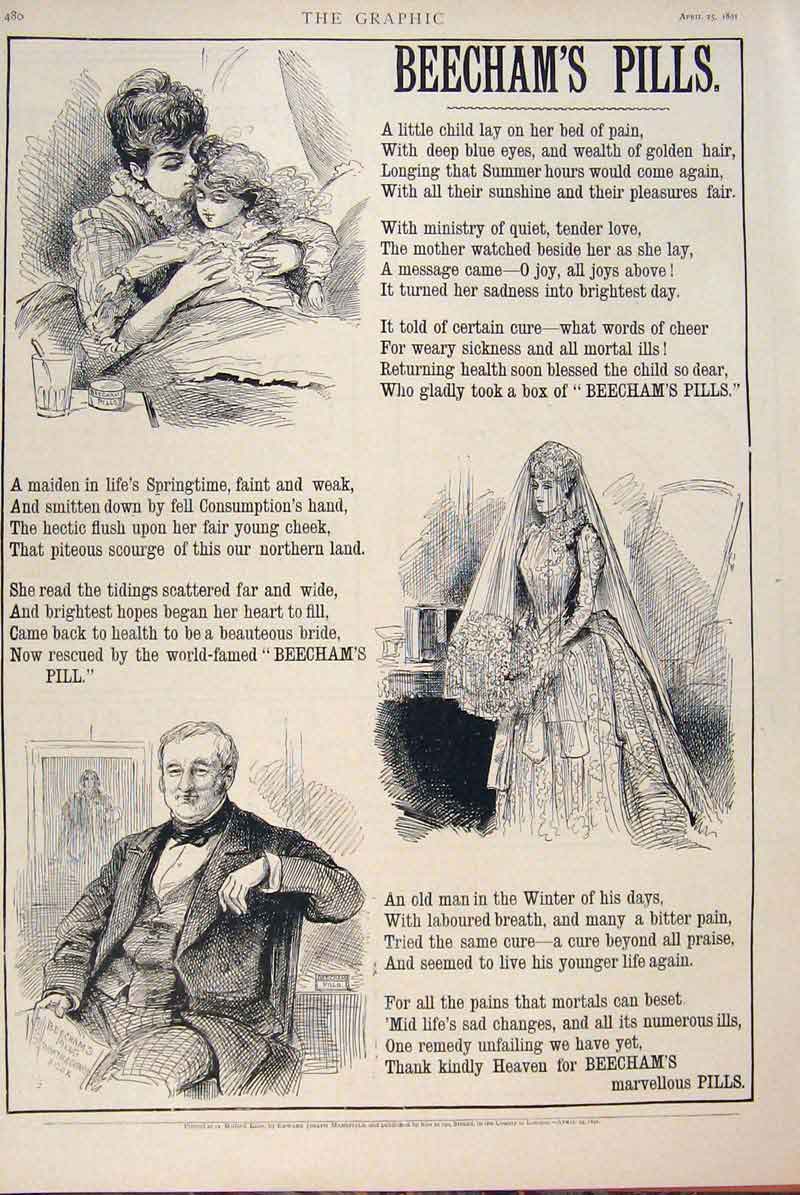 Original Old Antique Print Advert Advertisement Beecham'S Pills 1891 Victorian