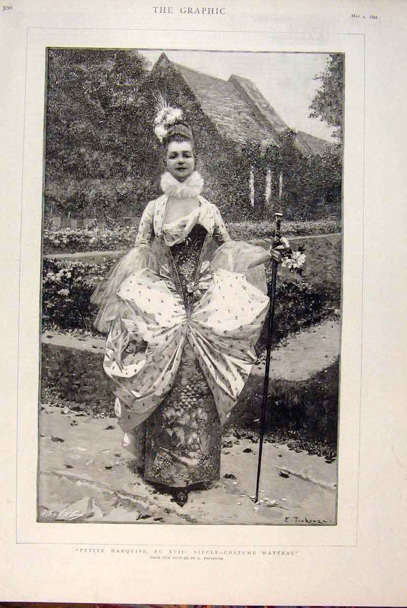 Original Old Antique Print Petite Marquise Siecle Costume Watteau Toudouze 1891