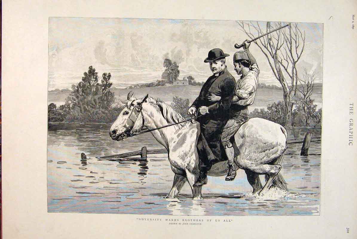 Original Old Antique Print Adversity Brothers Charlton Horse River Priest 1891