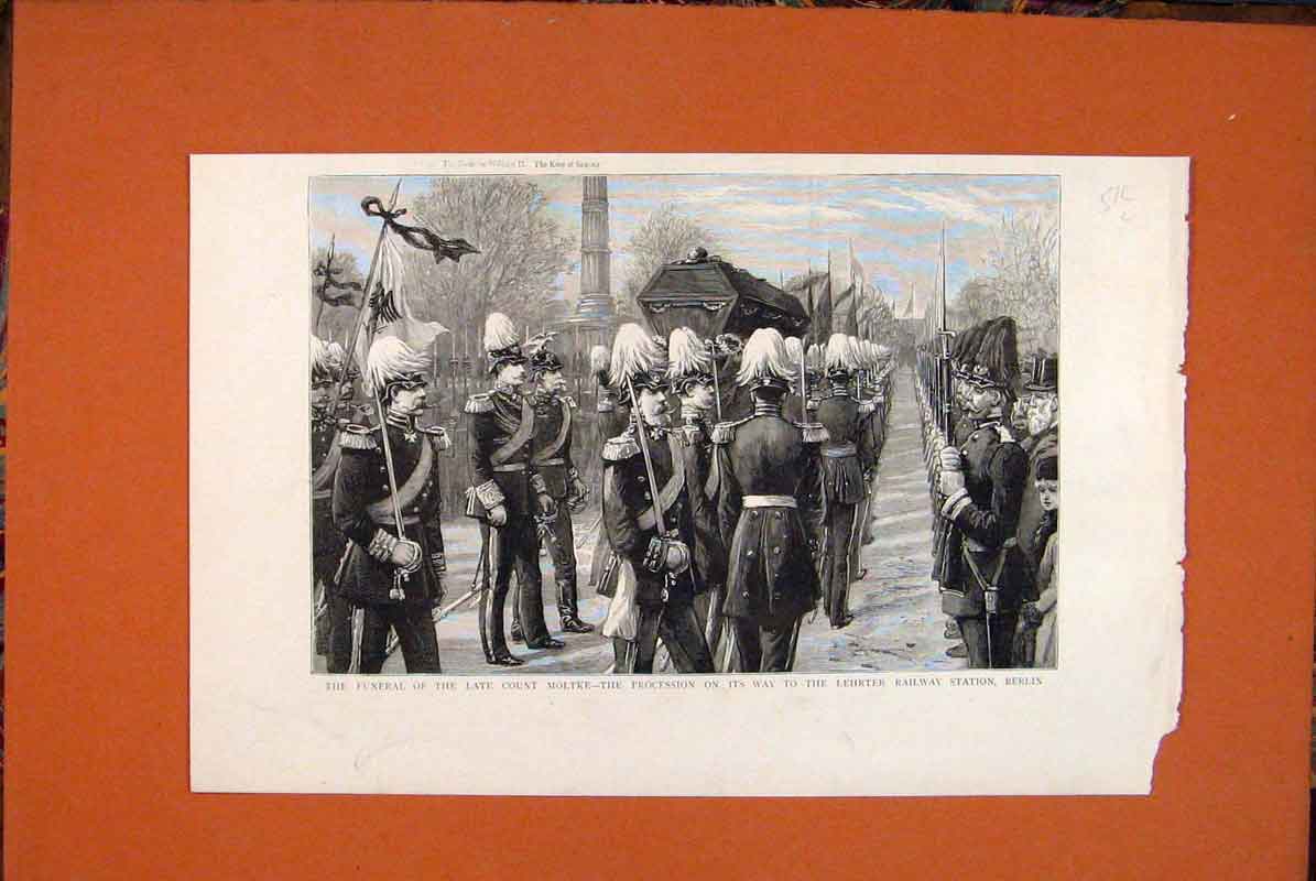 Old Antique Print Funeral Moltke Procession Lehrter Railway Station 1891 19th