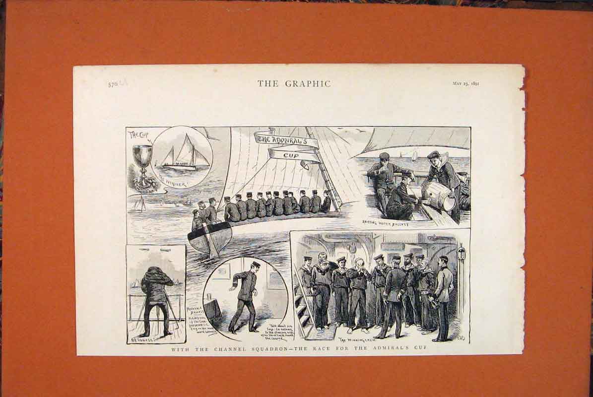 Original Old Antique Print Channel Squadron Race Admiral'S Cup Boat Yacht 1891