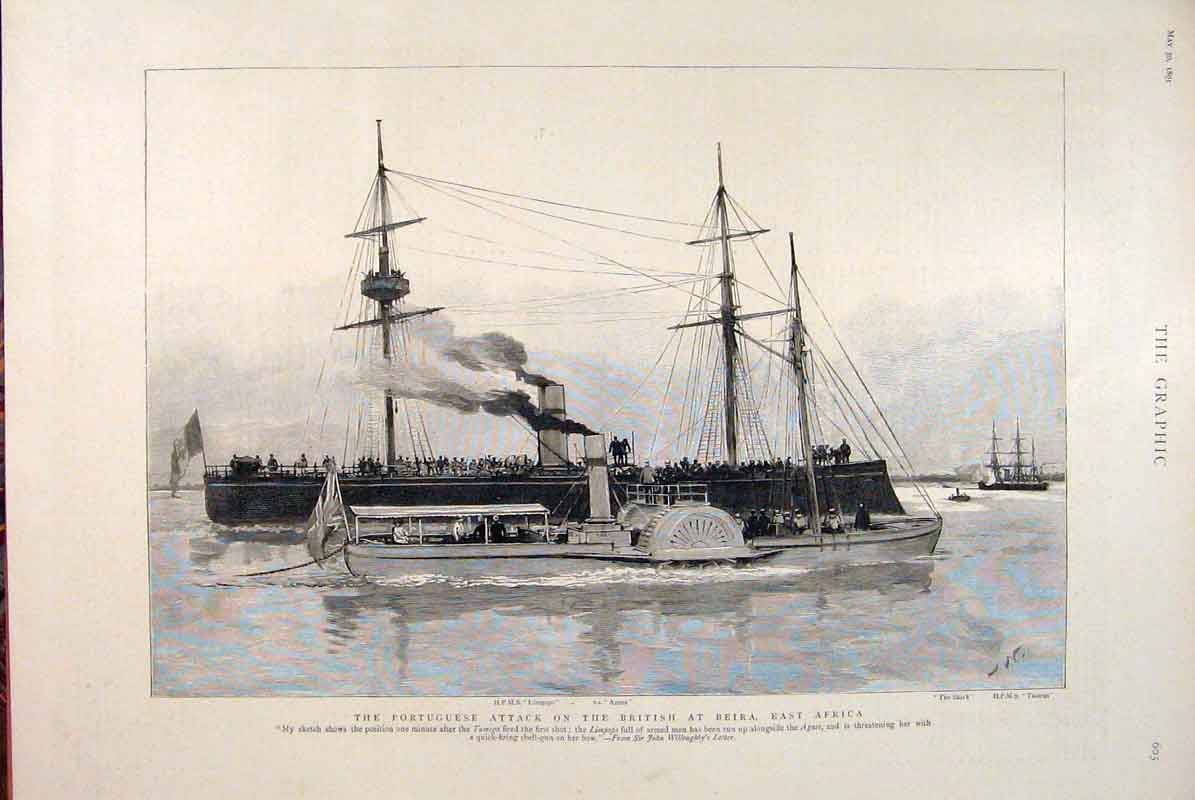 Old Antique Print Portugese British Beira Africa Limpopo Agnes Ships 1891 19th