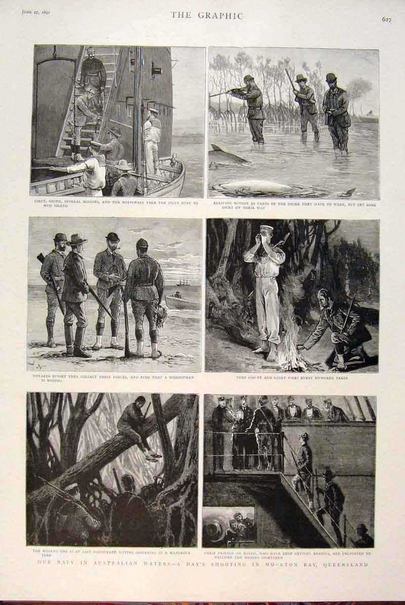 Original Old Antique Print Navy Australian Waters Moreton Bay Queensland 1891