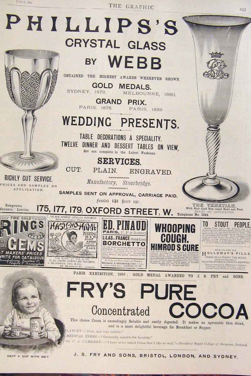 Old Antique Print Advert Advertisement Phillips Crystal Glass Webb Fry'S