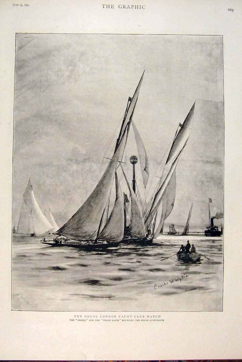 Old Antique Print Royal London Yacht Creole White Slave Mouse Lighthouse