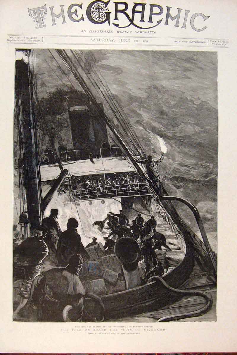 Original Old Antique Print Fire Ship City Richmond Cotton Flames 1891 Victorian
