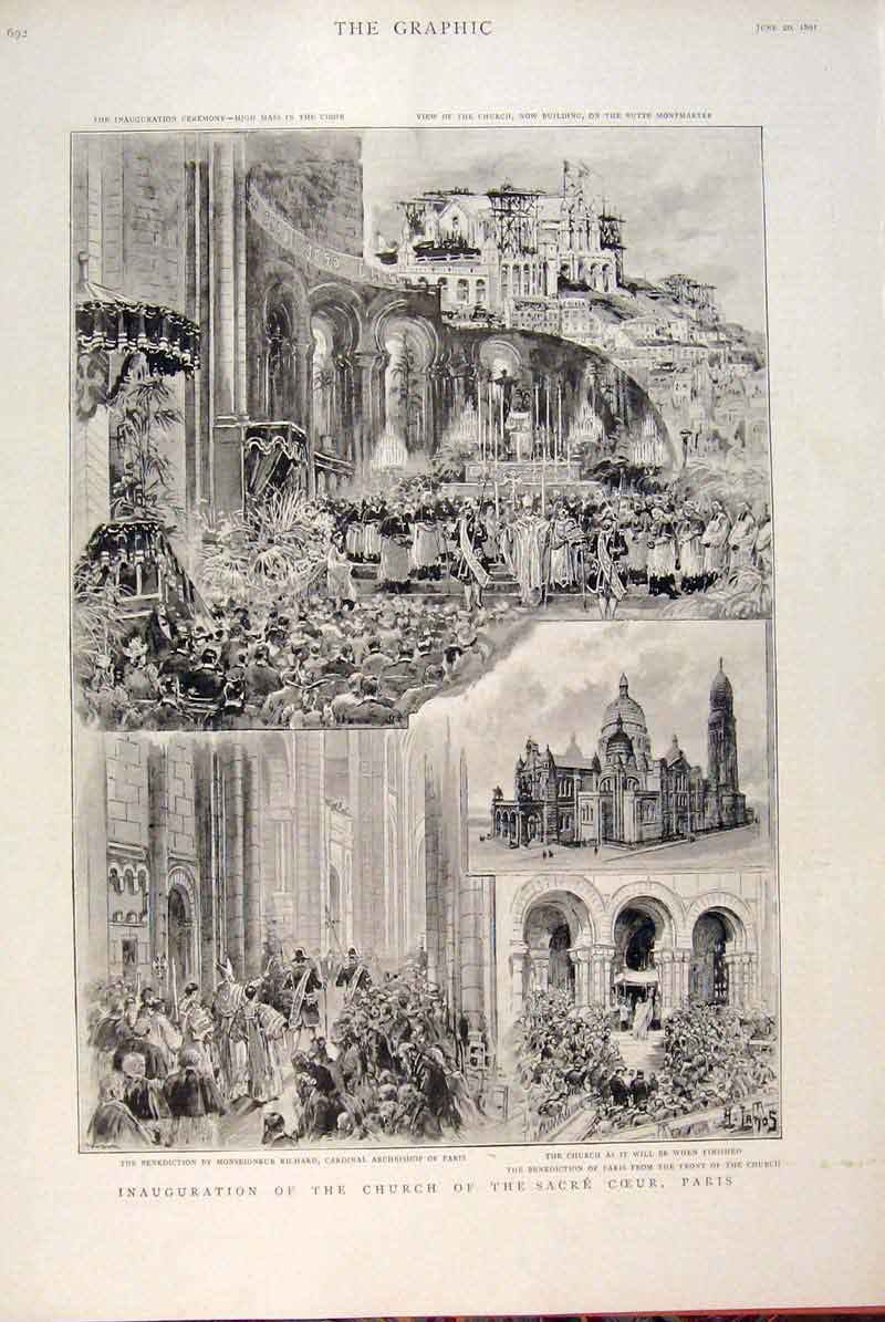 Original Old Antique Print Inauguration Church Sacre Coeur Paris France 1891