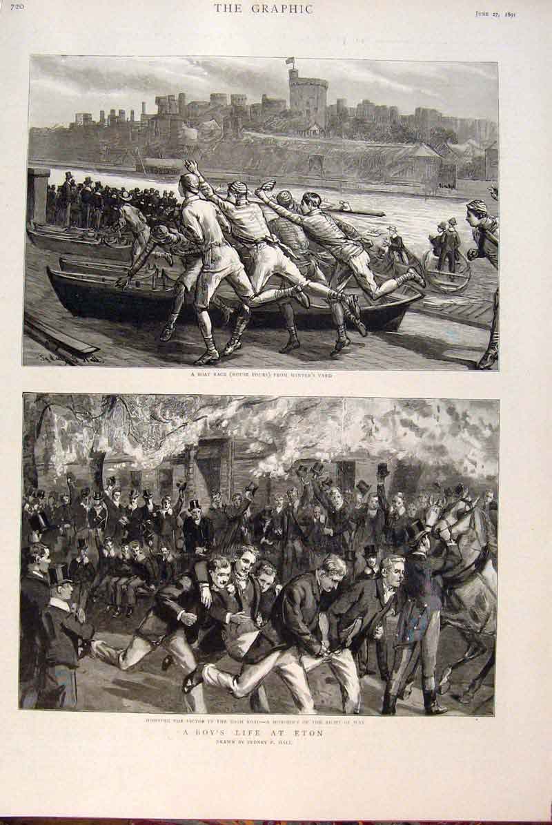 Old Antique Print Boat Race Eton Hall Boys Cricket Match Head Master 1891 19th