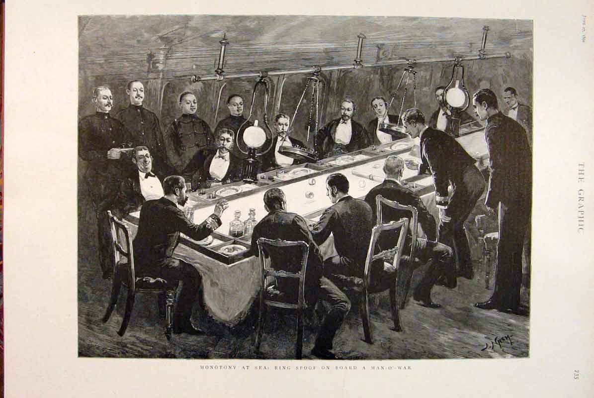Original Old Antique Print Monotony Sea Ring SpoMan-Of-War 1891 19th