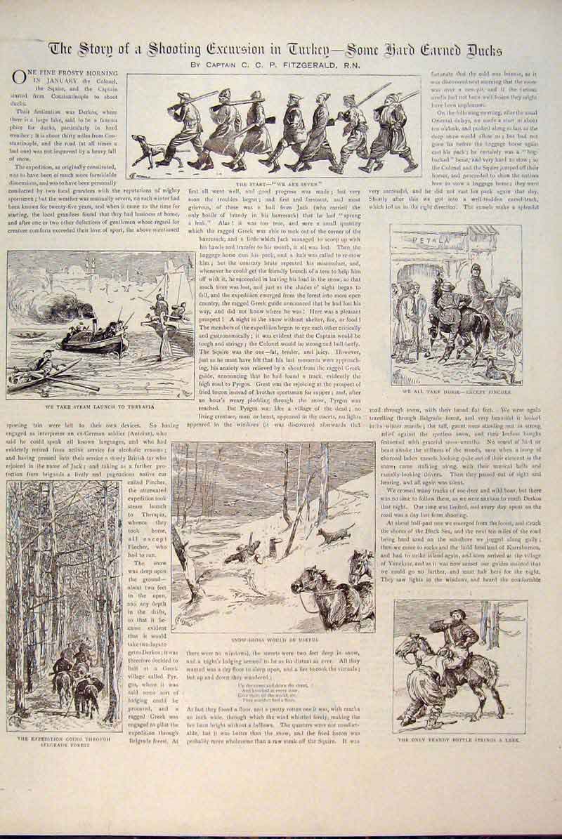 Original Old Antique Print Shooting Excursion Turkey Ducks Fitzgerald Hunt 1891