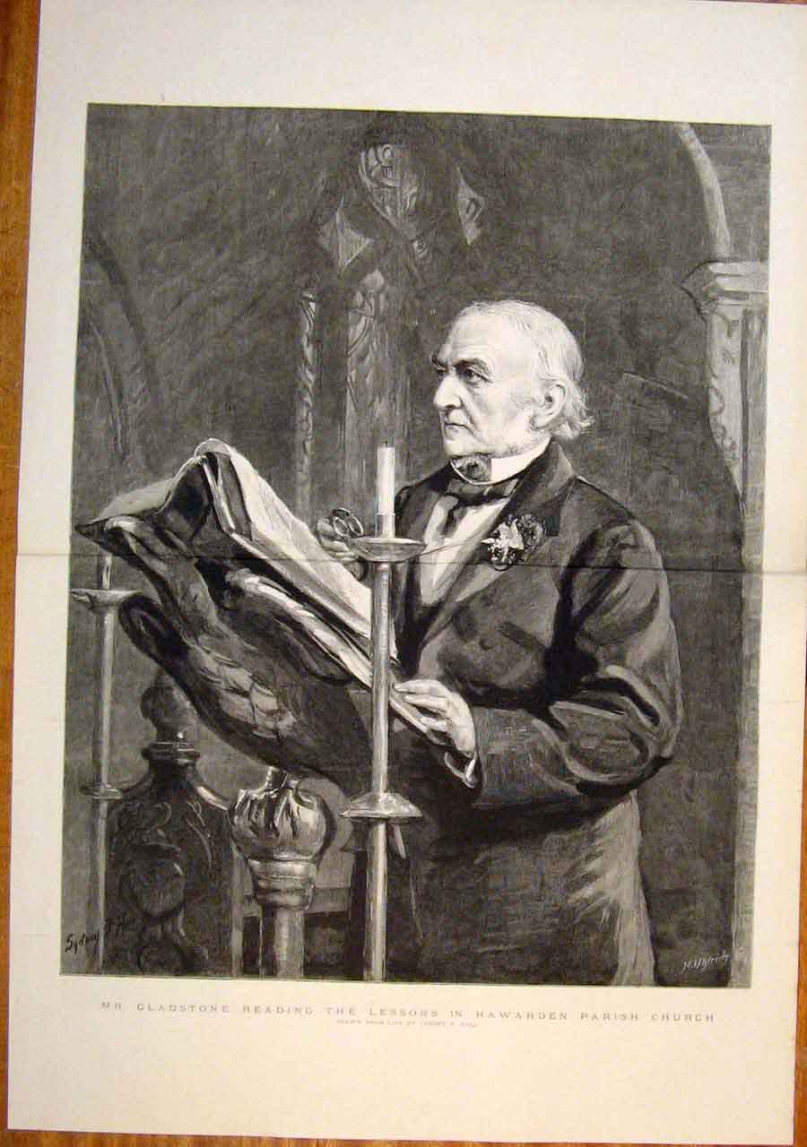 Original Old Antique Print Portrait Gladstone Hawarden Parish Church 1891 19th