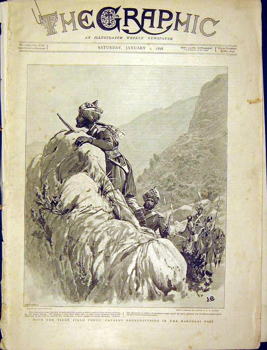 Original Old Antique Print Tirah Field Forces Cavalry Bargolai Afridis Malakand