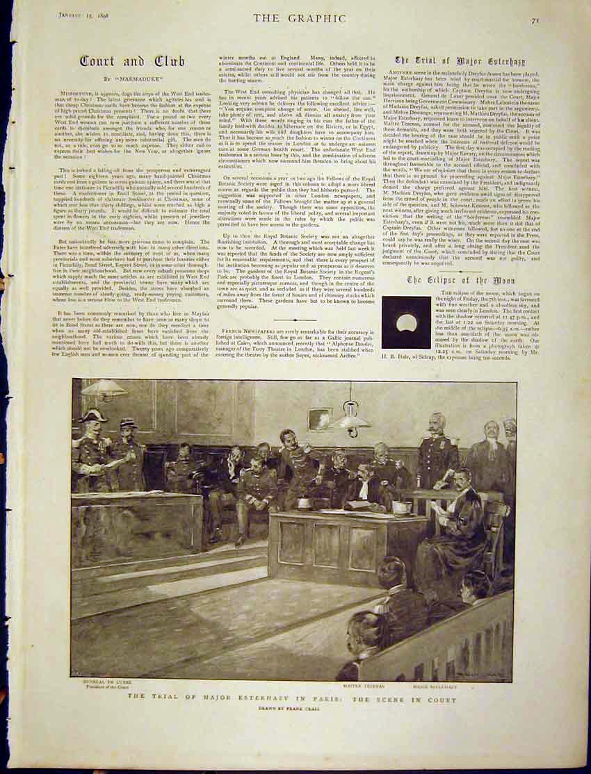 Original Old Antique Print Trial Major Esterhazy Paris Court Scene Craig 1898