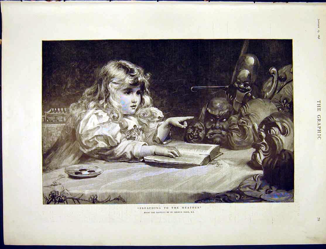 Original Old Antique Print Heathen Preaching Hare Fine Art 1898 Child Masks 19th