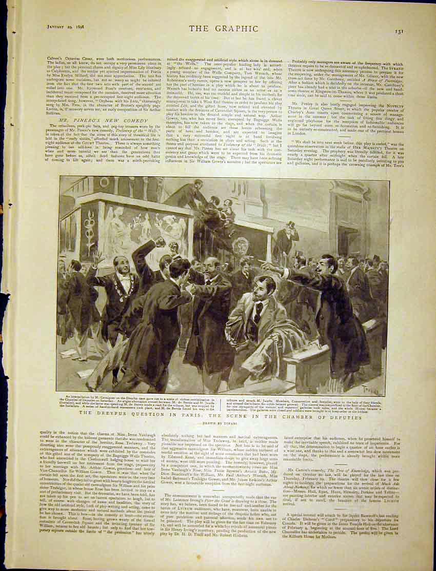 Original Old Antique Print Dreyfus Paris Chamber Deputies Tofani 1898 Victorian